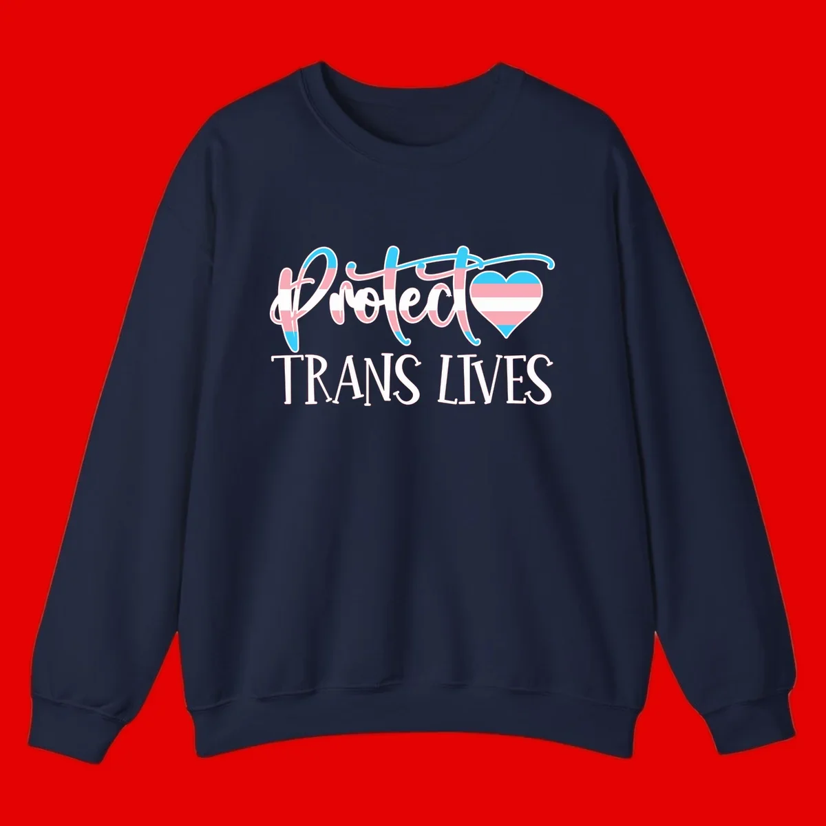 Stylized text 'I heart TRANS LIVES' with decorative letters and a trans flag-striped heart symbol in pink, white, and blue colors