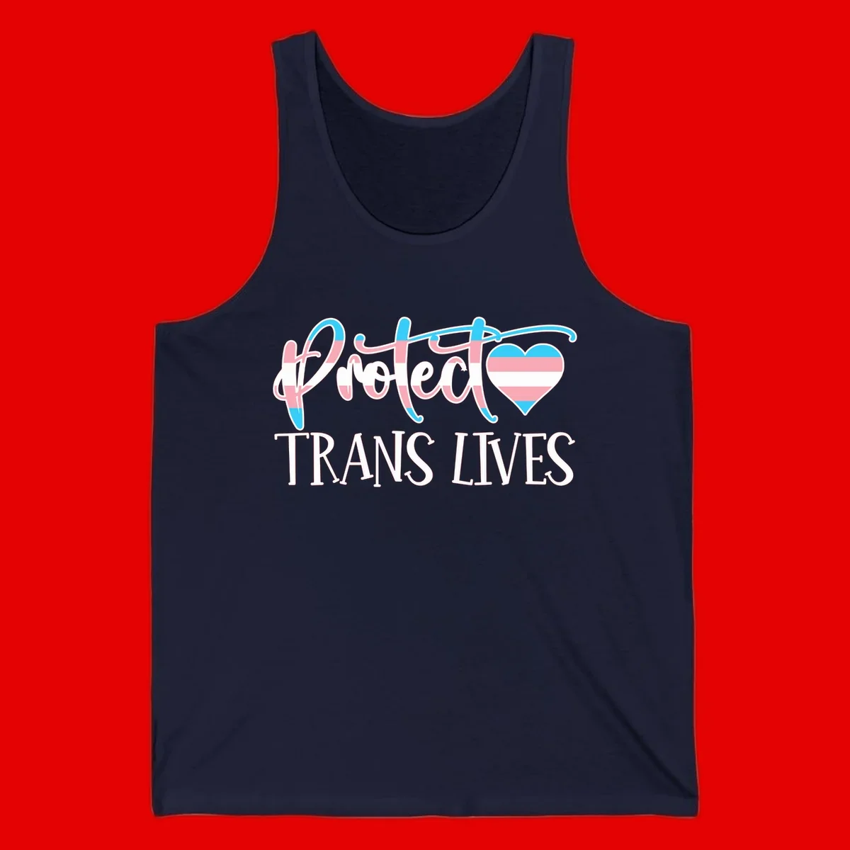 Stylized text 'I heart TRANS LIVES' with decorative letters and a trans flag-striped heart symbol in pink, white, and blue colors