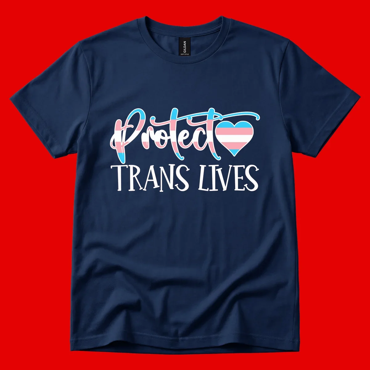 Stylized text 'I heart TRANS LIVES' with decorative letters and a trans flag-striped heart symbol in pink, white, and blue colors