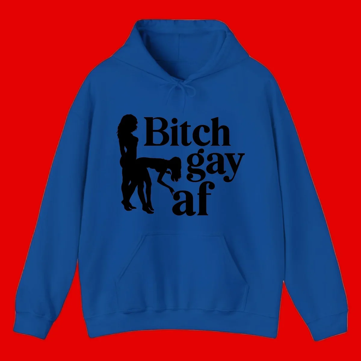 Black silhouettes of two women in intimate pose with 'Bitch gay af' text, bitch-gay-af-pride design