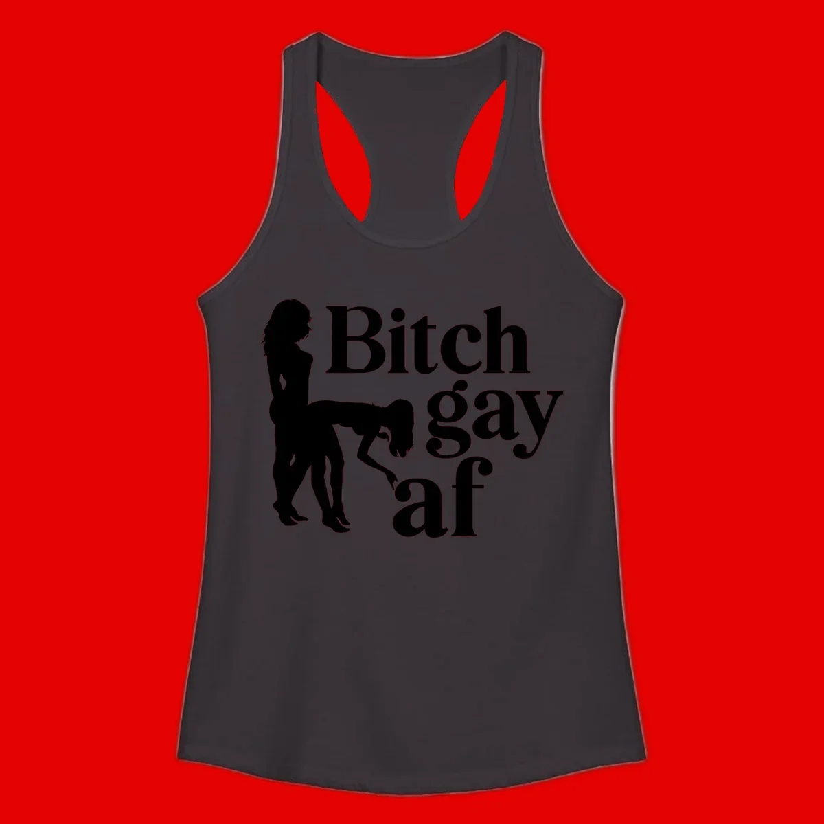 Black silhouettes of two women in intimate pose with 'Bitch gay af' text, bitch-gay-af-pride design