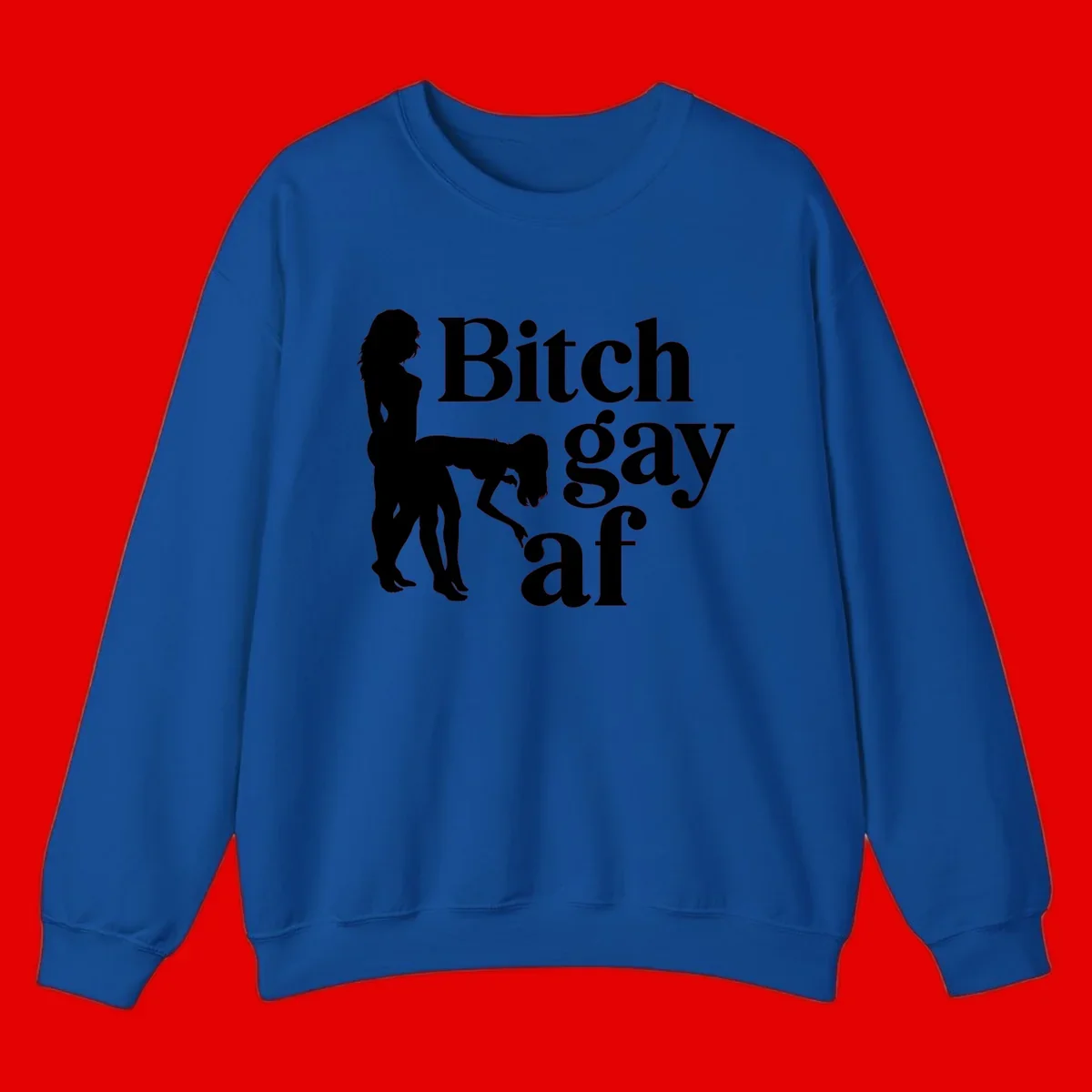 Black silhouettes of two women in intimate pose with 'Bitch gay af' text, bitch-gay-af-pride design