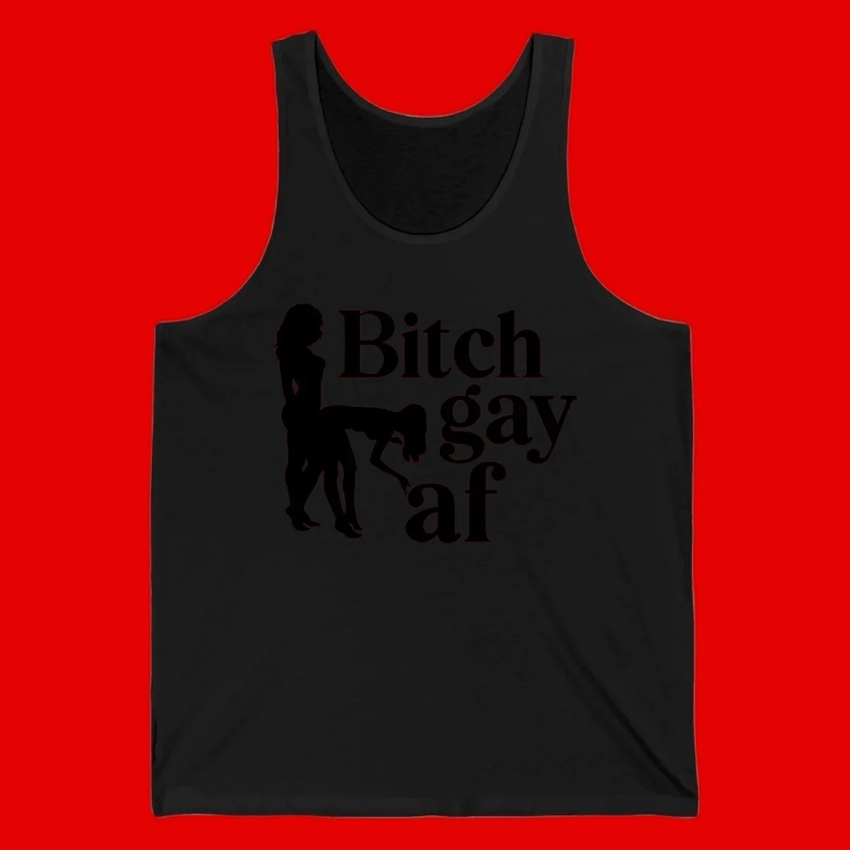 Black silhouettes of two women in intimate pose with 'Bitch gay af' text, bitch-gay-af-pride design