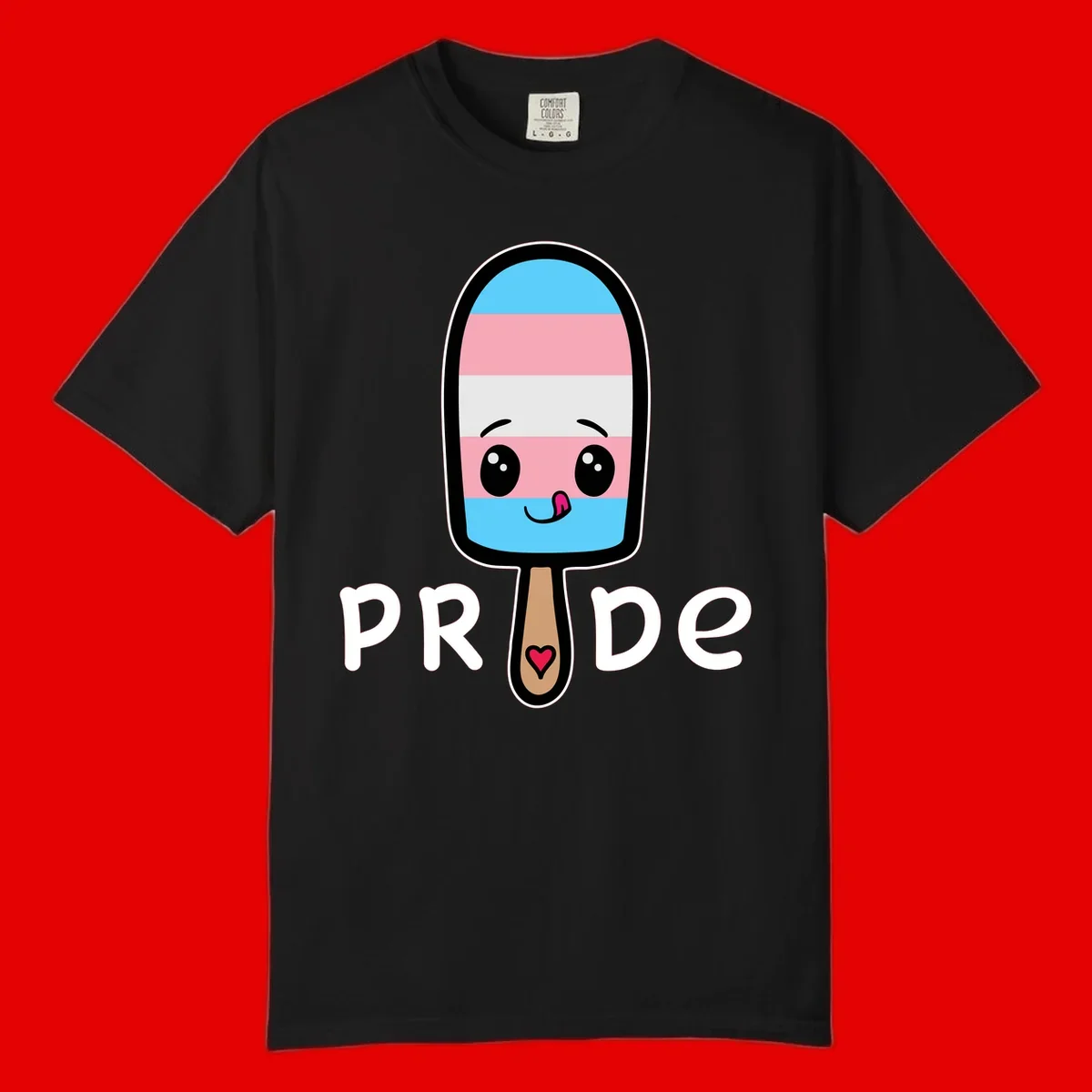 Cute rainbow popsicle with striped design and smiling face, labeled PRIDE with heart on stick