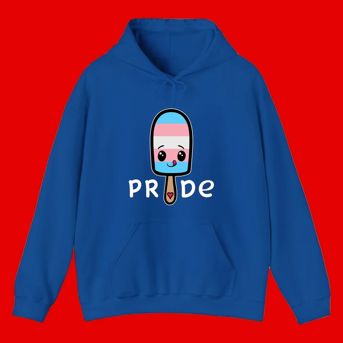 Cute rainbow popsicle with striped design and smiling face, labeled PRIDE with heart on stick