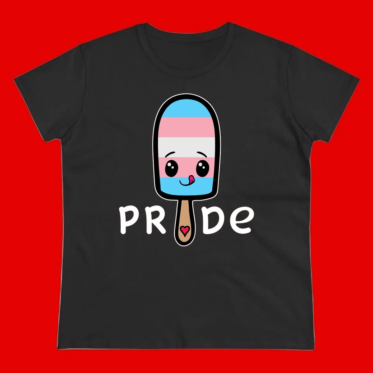Cute rainbow popsicle with striped design and smiling face, labeled PRIDE with heart on stick