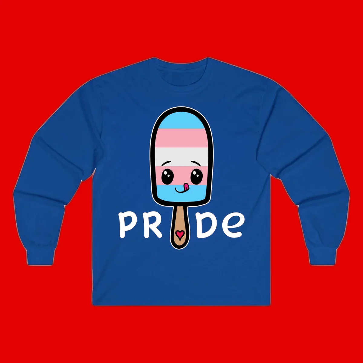 Cute rainbow popsicle with striped design and smiling face, labeled PRIDE with heart on stick