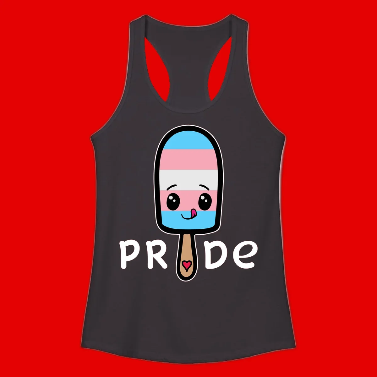 Cute rainbow popsicle with striped design and smiling face, labeled PRIDE with heart on stick