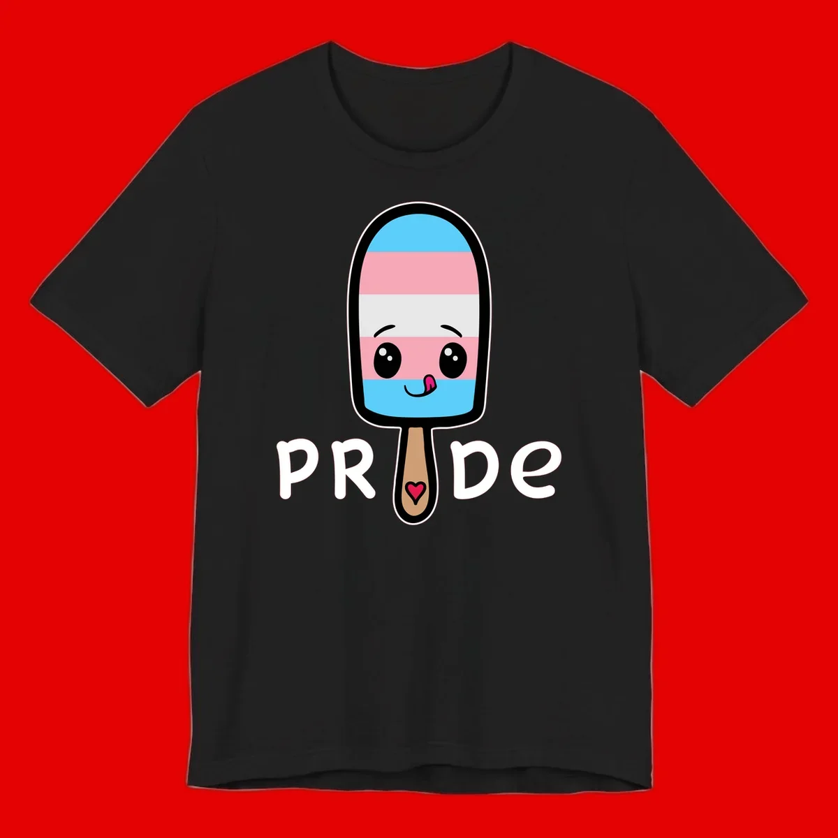 Cute rainbow popsicle with striped design and smiling face, labeled PRIDE with heart on stick