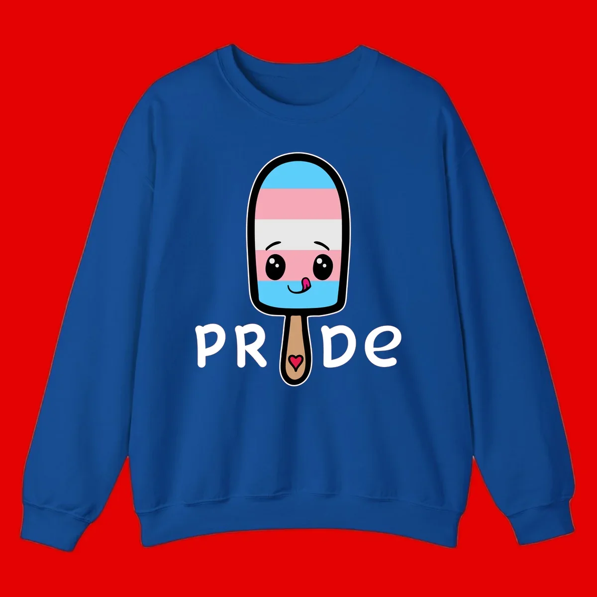 Cute rainbow popsicle with striped design and smiling face, labeled PRIDE with heart on stick
