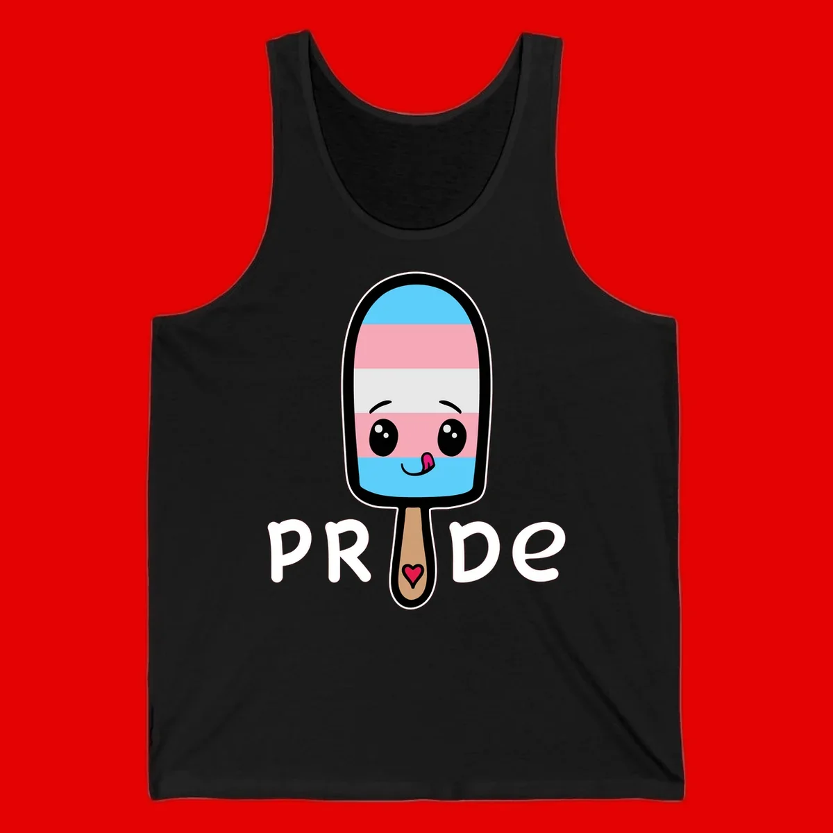 Cute rainbow popsicle with striped design and smiling face, labeled PRIDE with heart on stick