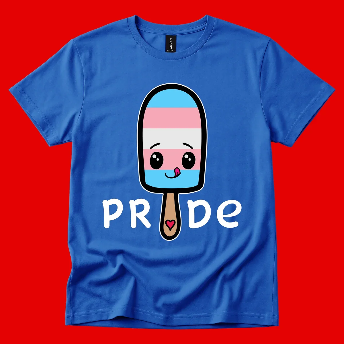 Cute rainbow popsicle with striped design and smiling face, labeled PRIDE with heart on stick