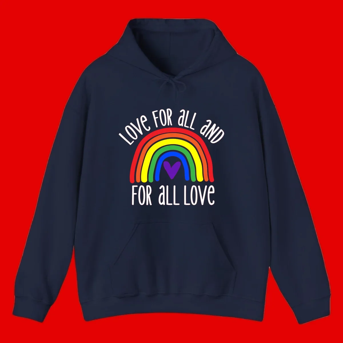 Rainbow with purple heart center and 'Love For All And For All Love' text - pride design