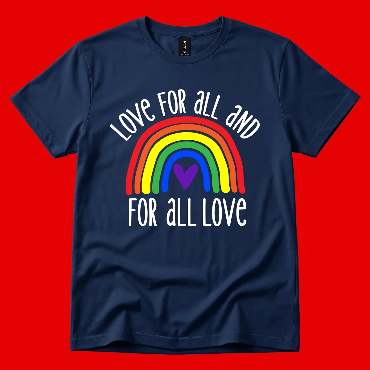 Rainbow with purple heart center and 'Love For All And For All Love' text - pride design