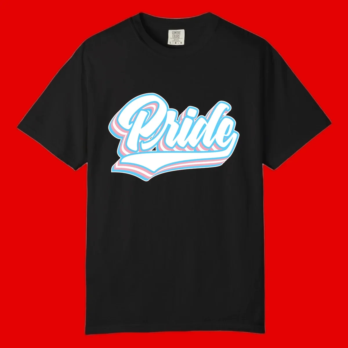 Retro pride wave script design with blue and pink layered lettering and curved banner