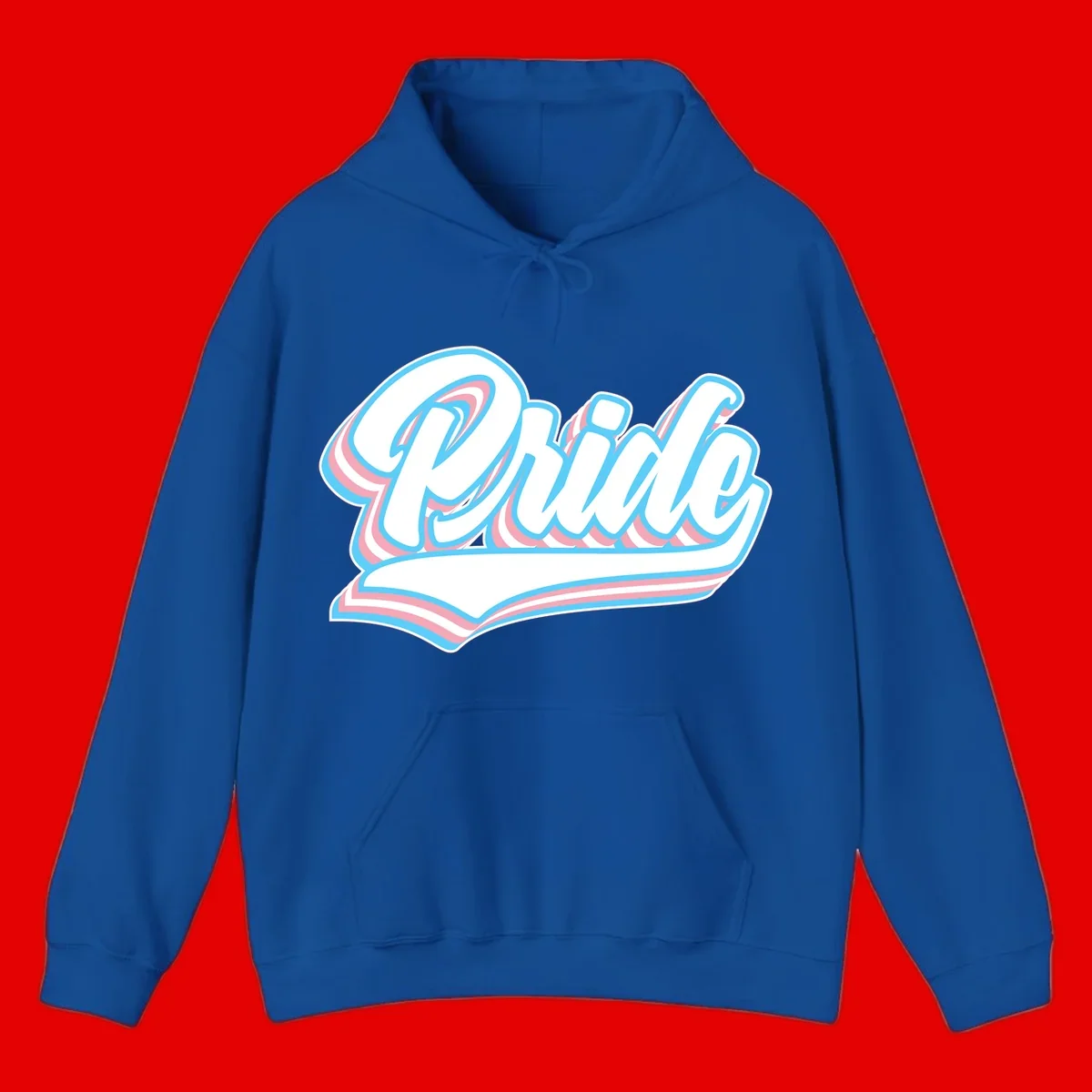 Retro pride wave script design with blue and pink layered lettering and curved banner