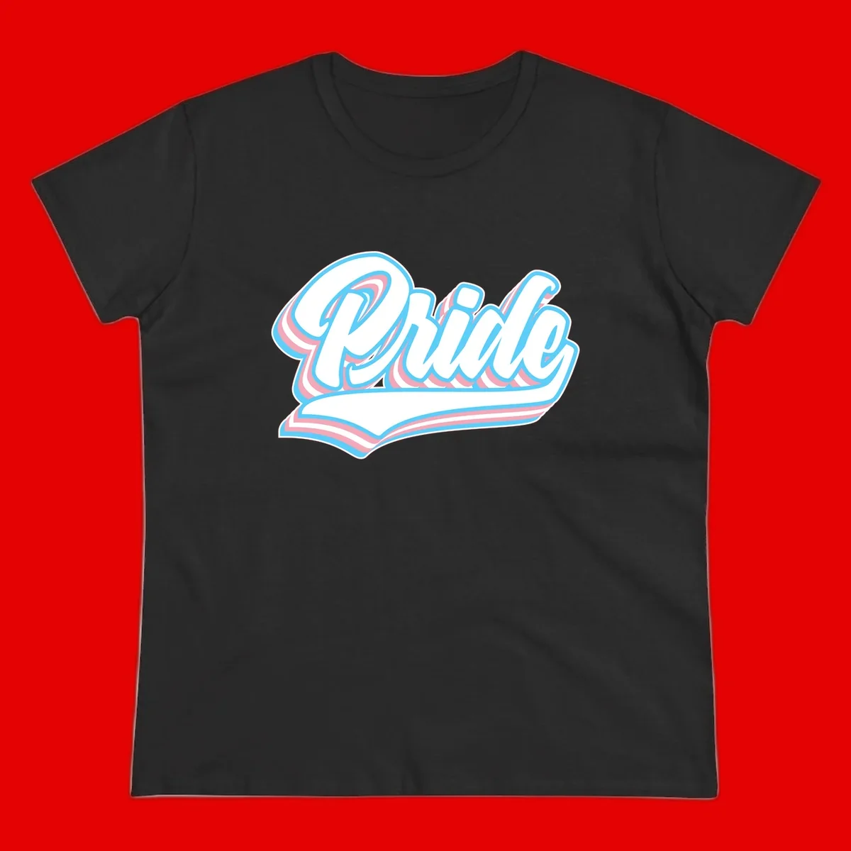 Retro pride wave script design with blue and pink layered lettering and curved banner