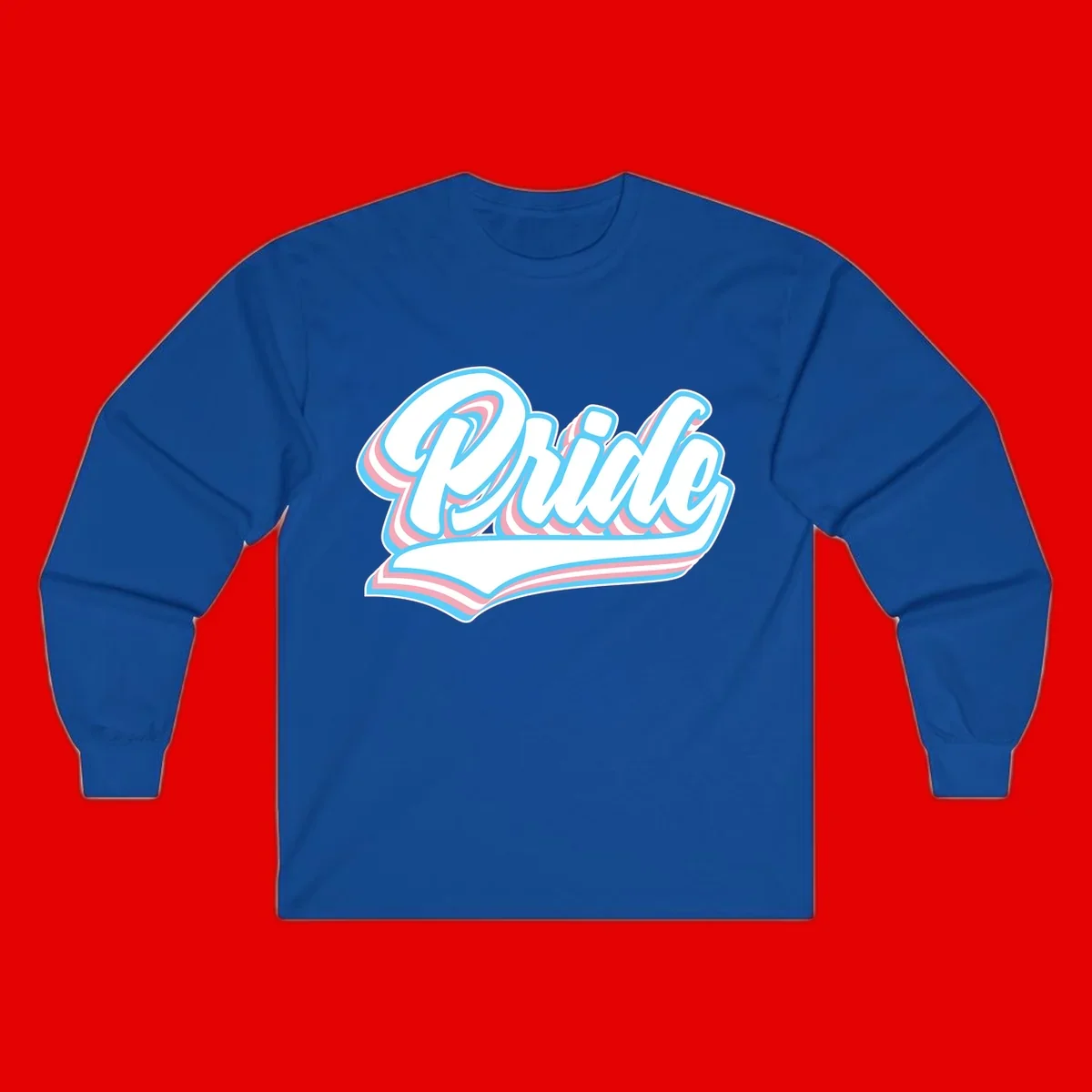 Retro pride wave script design with blue and pink layered lettering and curved banner
