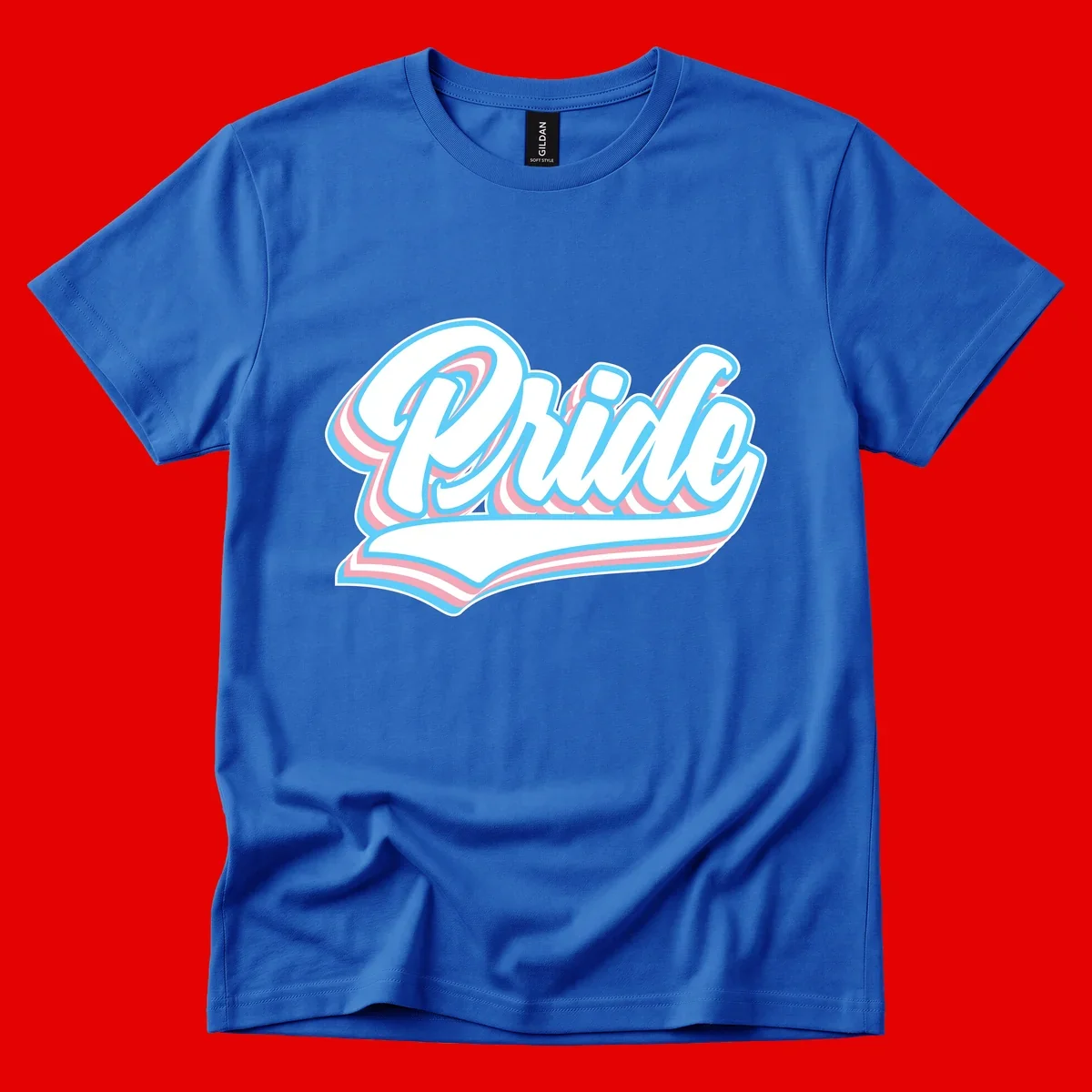 Retro pride wave script design with blue and pink layered lettering and curved banner