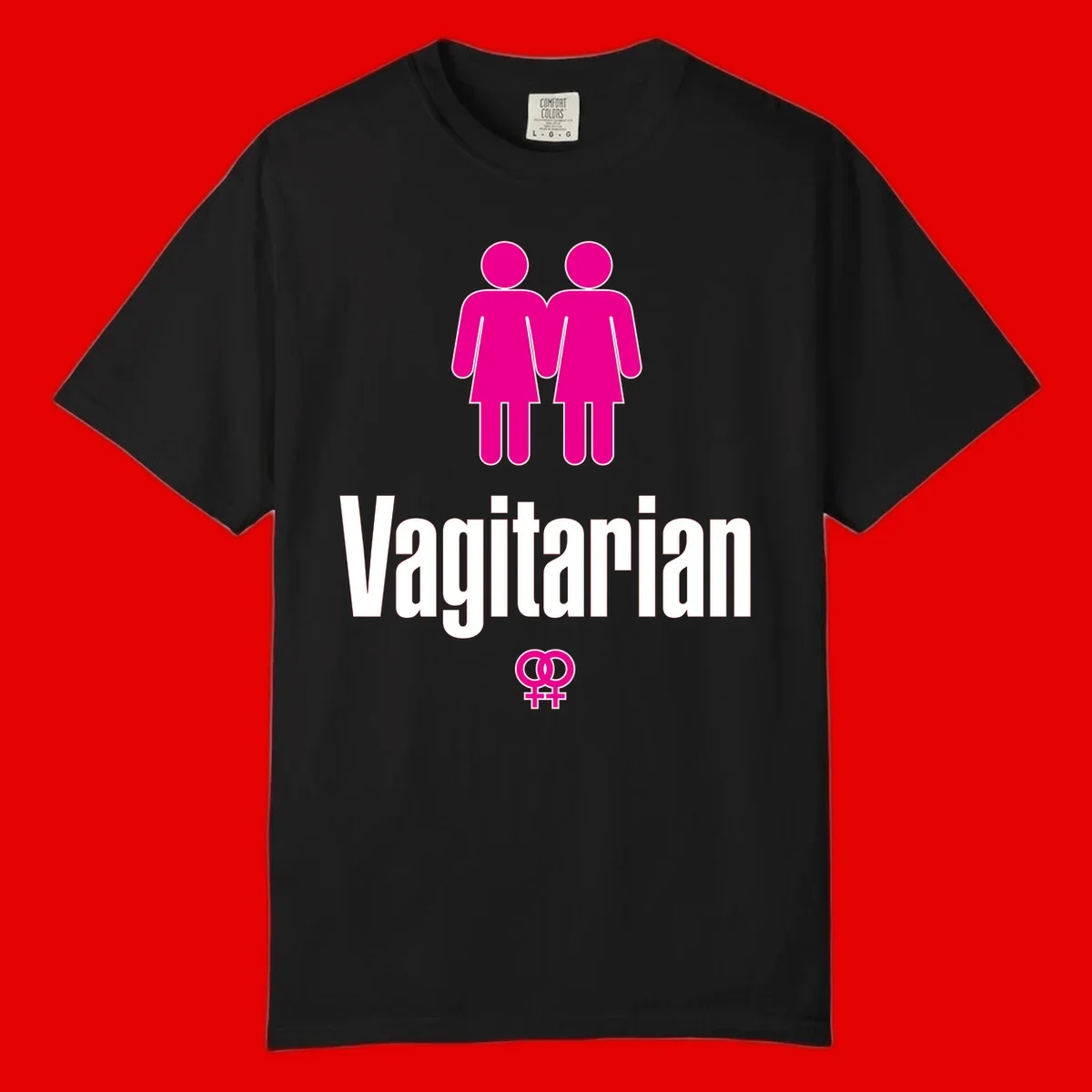 Vagitarian lesbian pride design with two women figures holding hands and interlocking female symbols in magenta and white