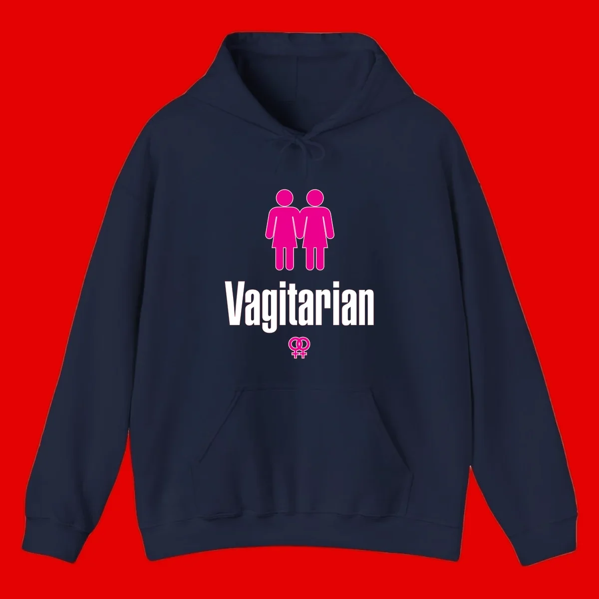 Vagitarian lesbian pride design with two women figures holding hands and interlocking female symbols in magenta and white