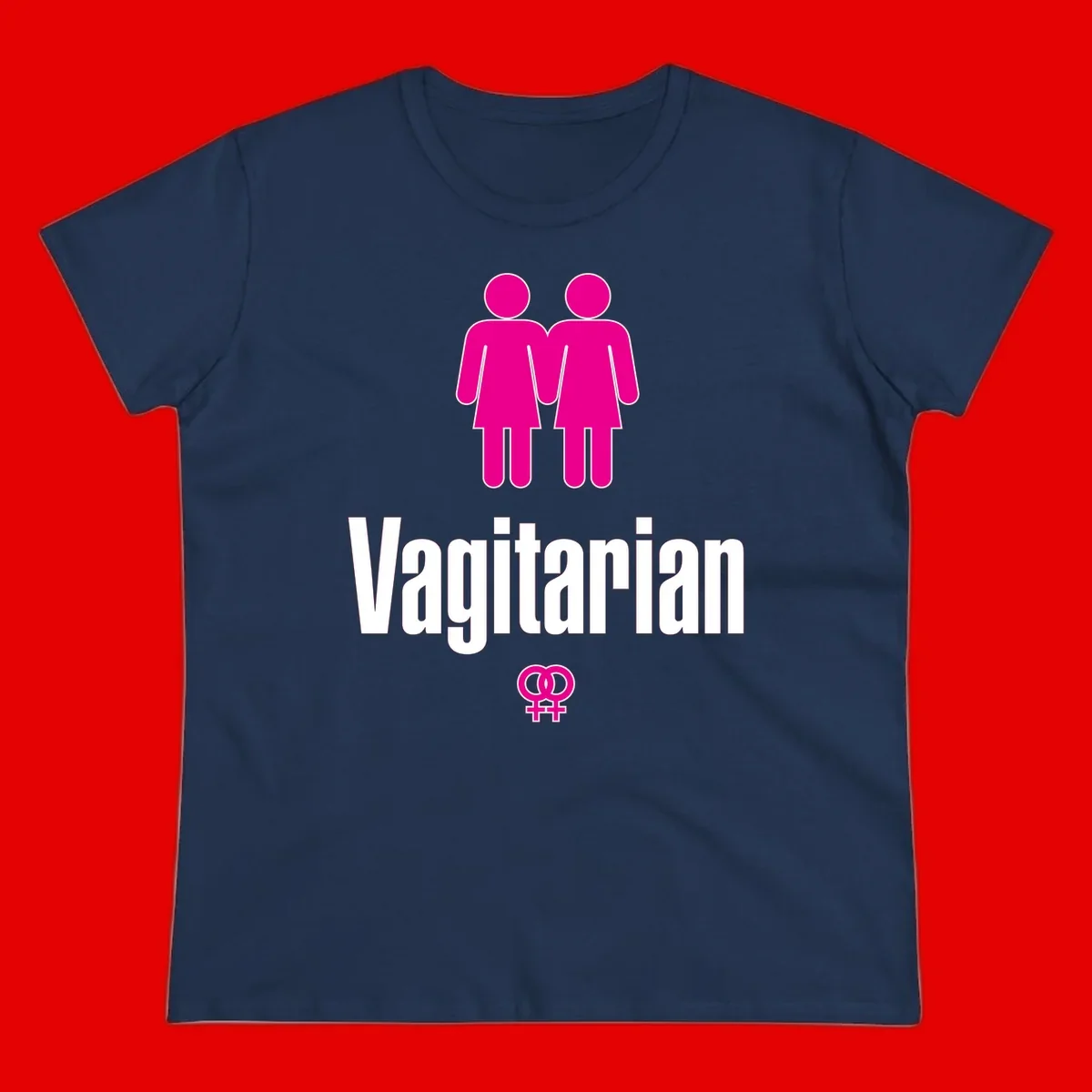 Vagitarian lesbian pride design with two women figures holding hands and interlocking female symbols in magenta and white