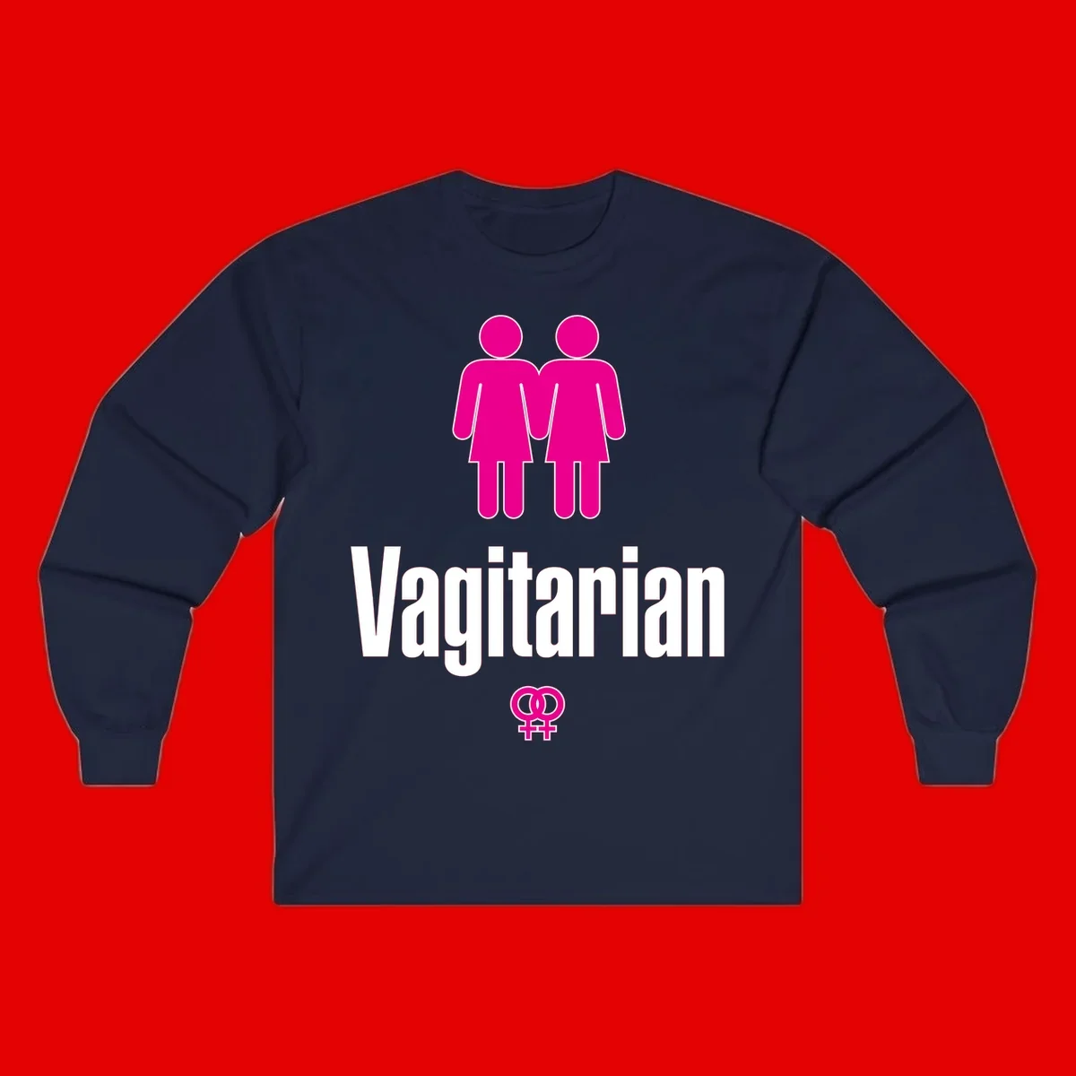 Vagitarian lesbian pride design with two women figures holding hands and interlocking female symbols in magenta and white