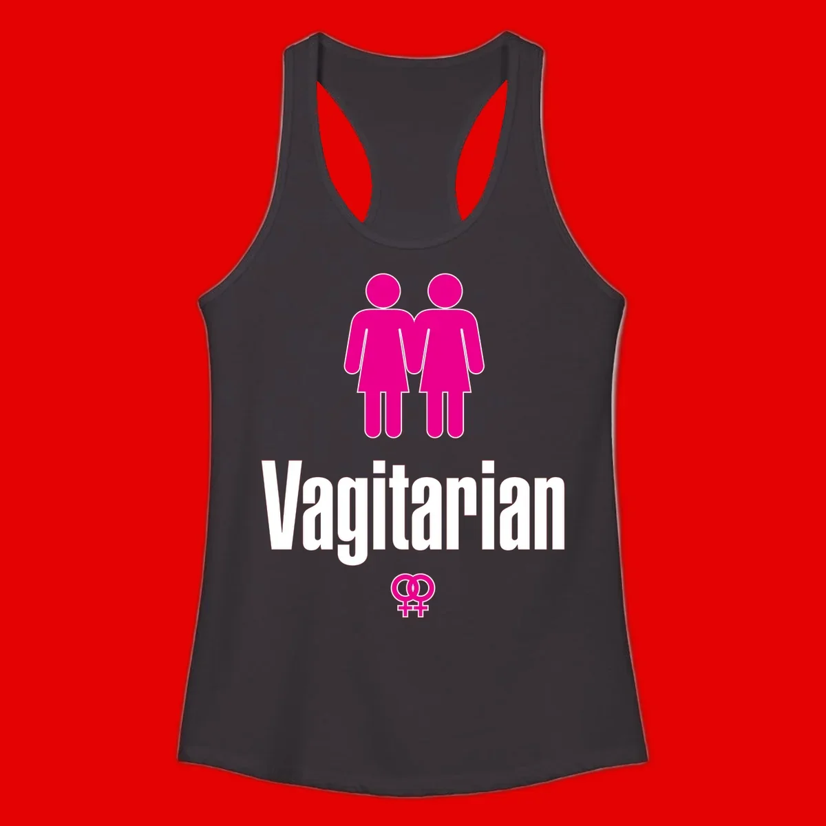 Vagitarian lesbian pride design with two women figures holding hands and interlocking female symbols in magenta and white