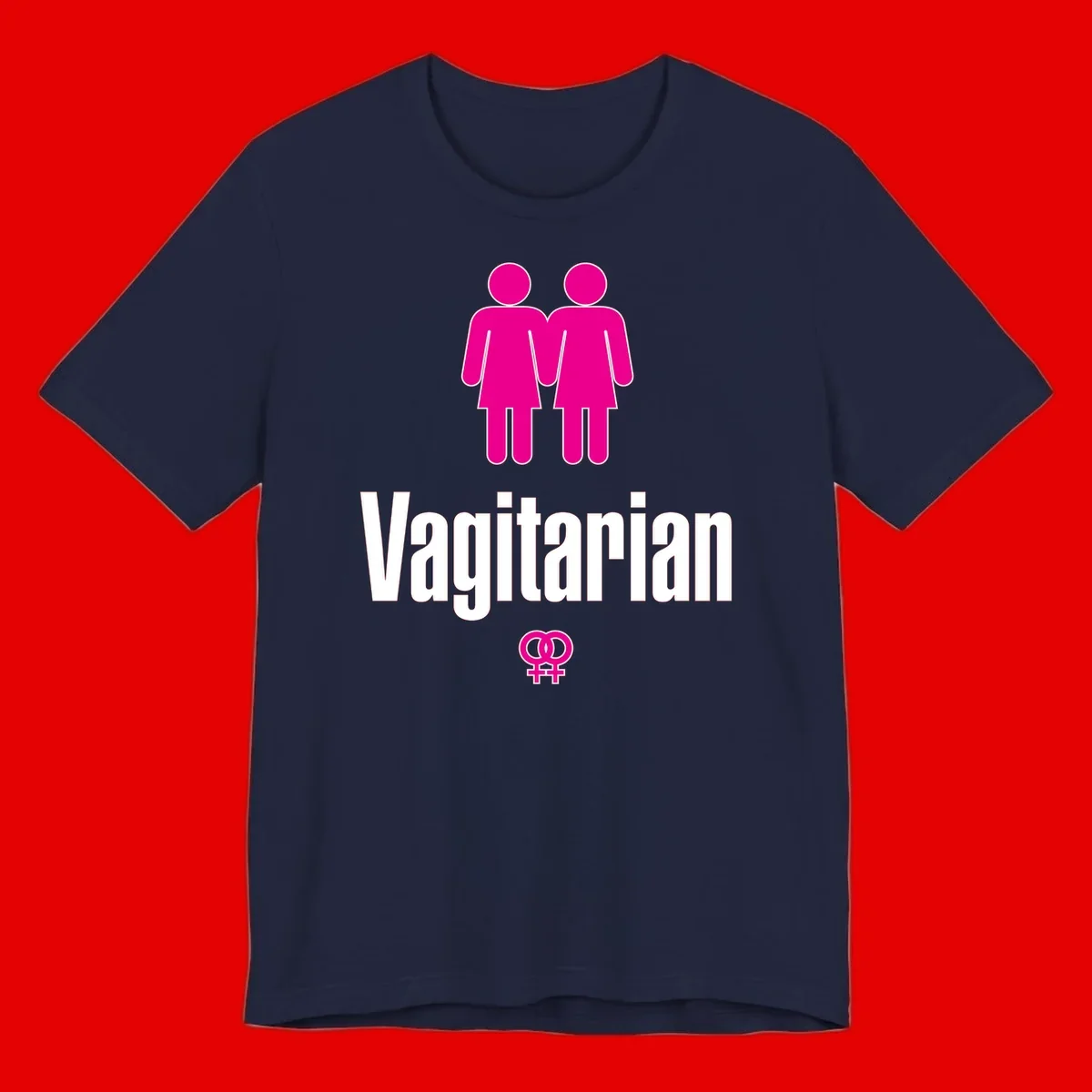 Vagitarian lesbian pride design with two women figures holding hands and interlocking female symbols in magenta and white