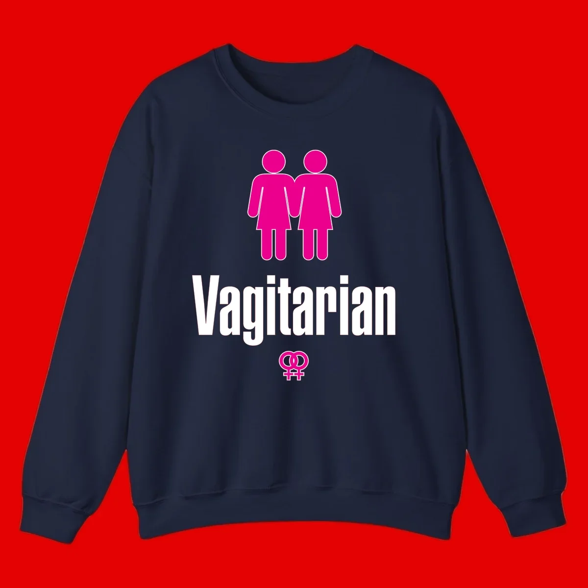 Vagitarian lesbian pride design with two women figures holding hands and interlocking female symbols in magenta and white