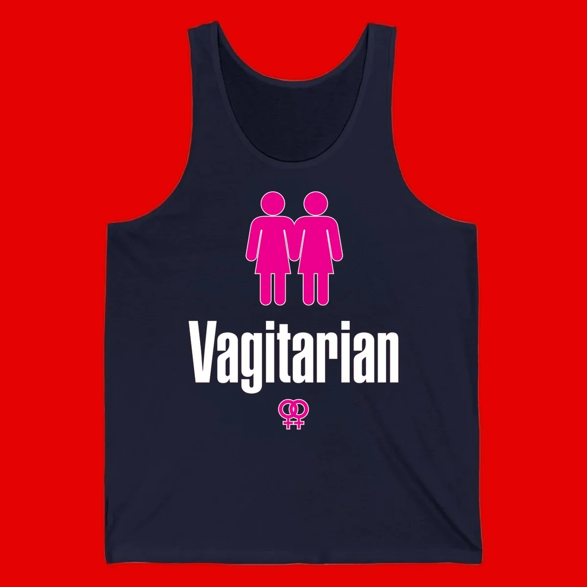 Vagitarian lesbian pride design with two women figures holding hands and interlocking female symbols in magenta and white