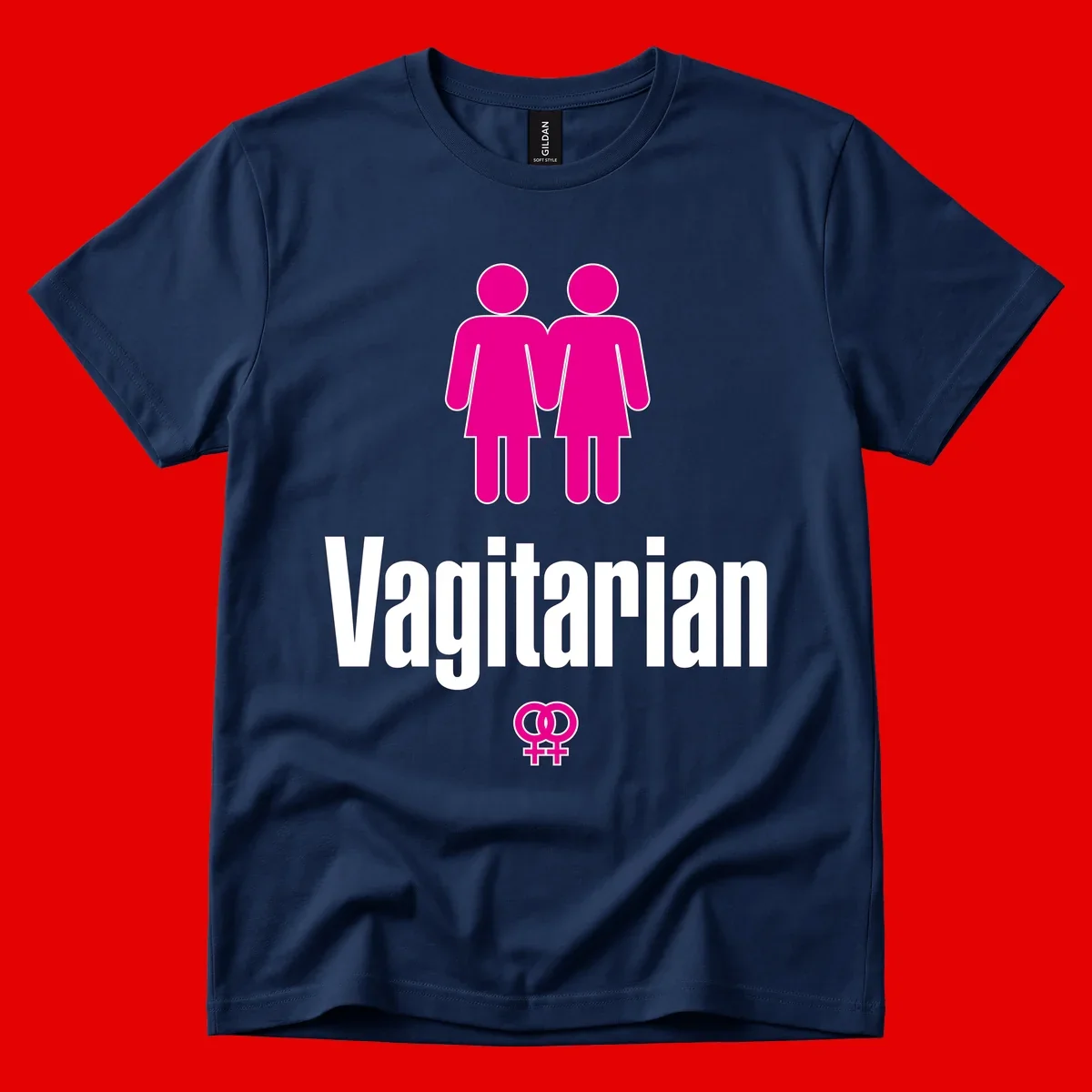 Vagitarian lesbian pride design with two women figures holding hands and interlocking female symbols in magenta and white