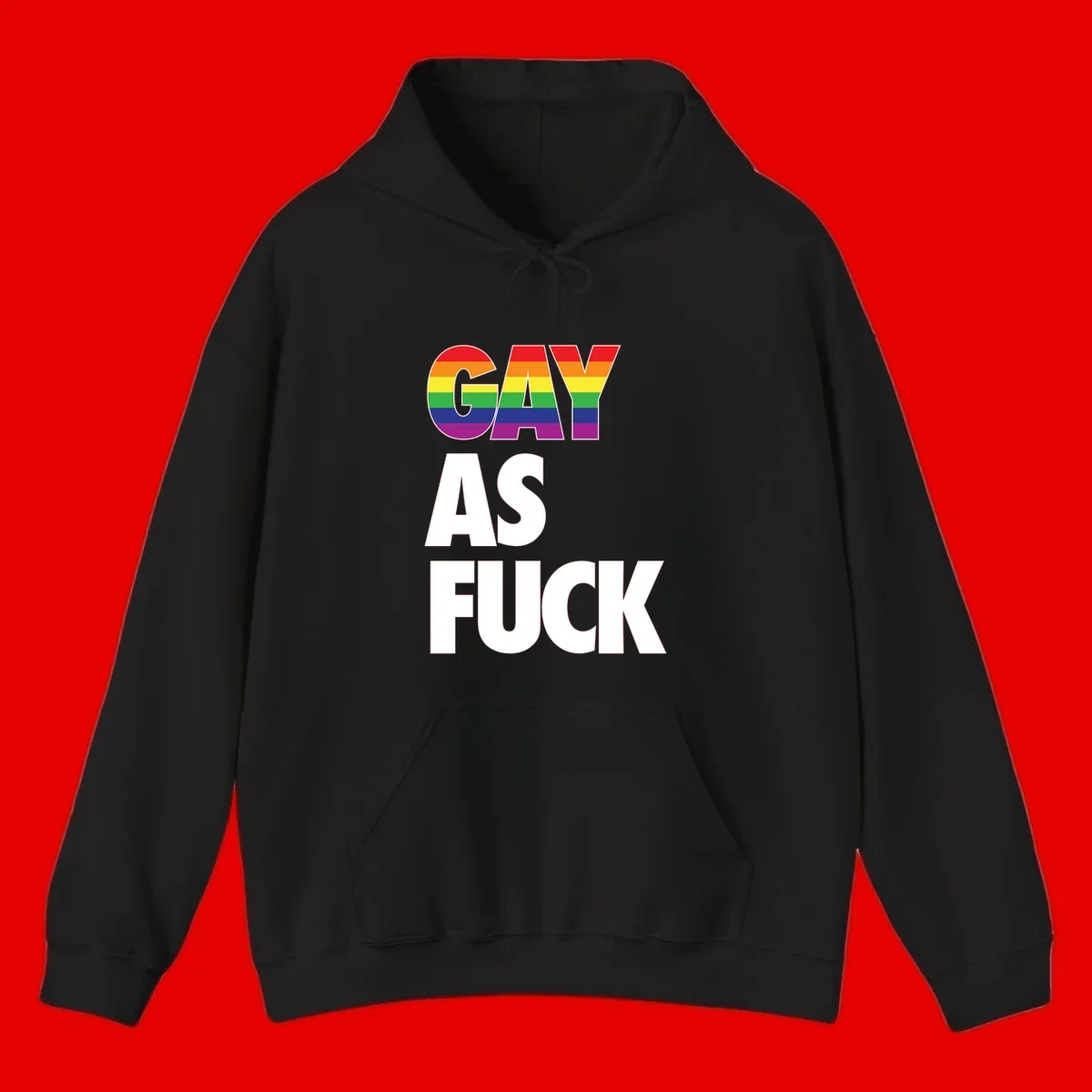 Gay as fuck pride design with rainbow flag colors in bold white letters on gray background