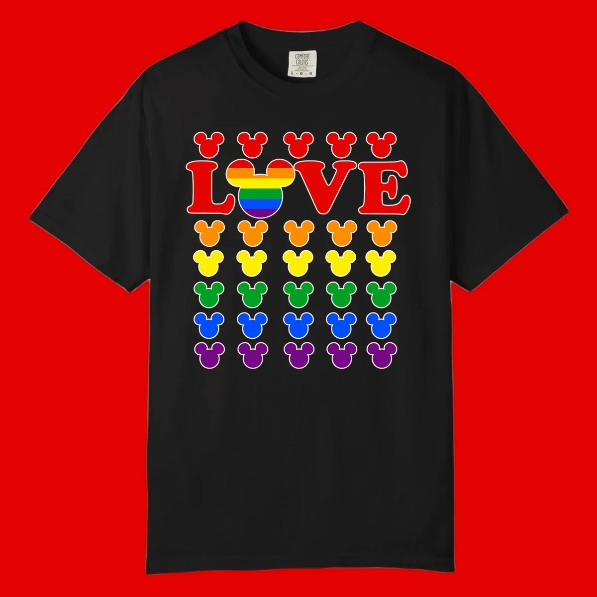 Mickey Love Pride design featuring bold red LOVE text with rainbow-striped Mickey head and colorful Mickey silhouettes border