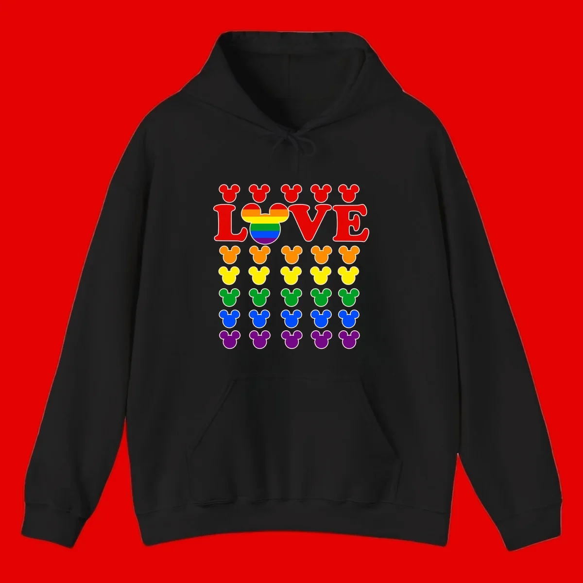 Mickey Love Pride design featuring bold red LOVE text with rainbow-striped Mickey head and colorful Mickey silhouettes border