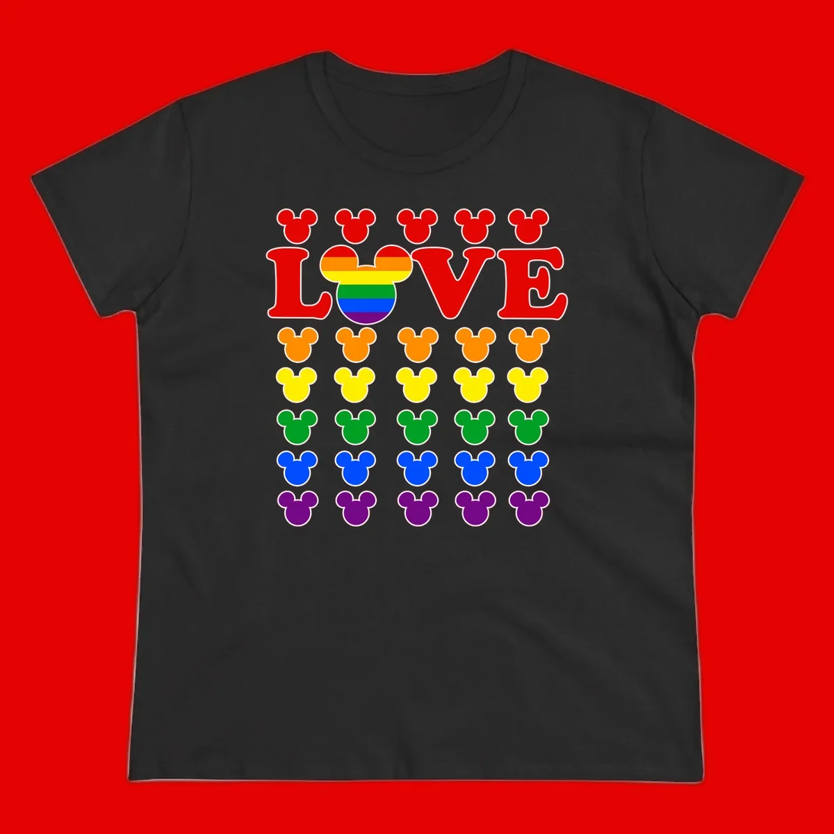Mickey Love Pride design featuring bold red LOVE text with rainbow-striped Mickey head and colorful Mickey silhouettes border
