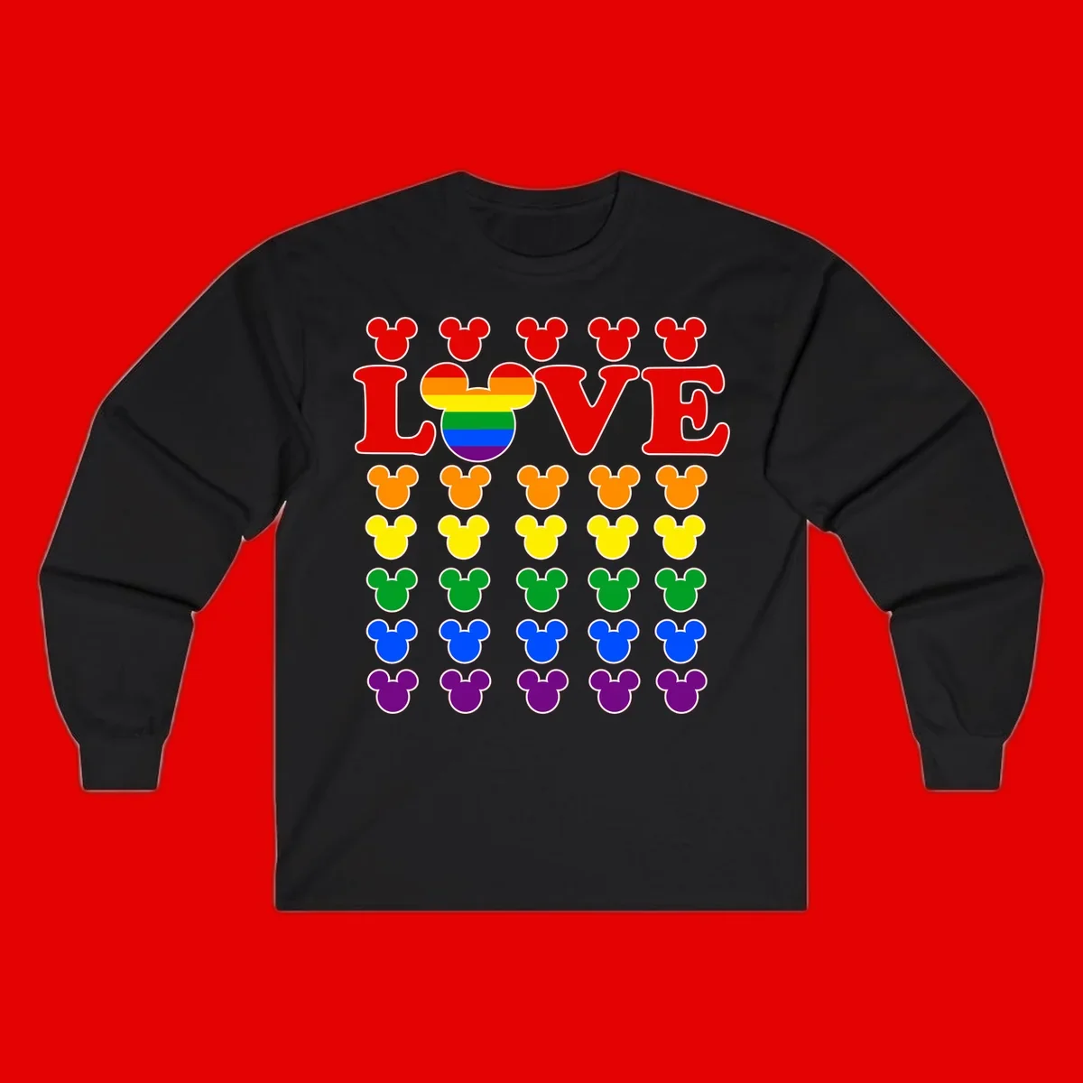 Mickey Love Pride design featuring bold red LOVE text with rainbow-striped Mickey head and colorful Mickey silhouettes border