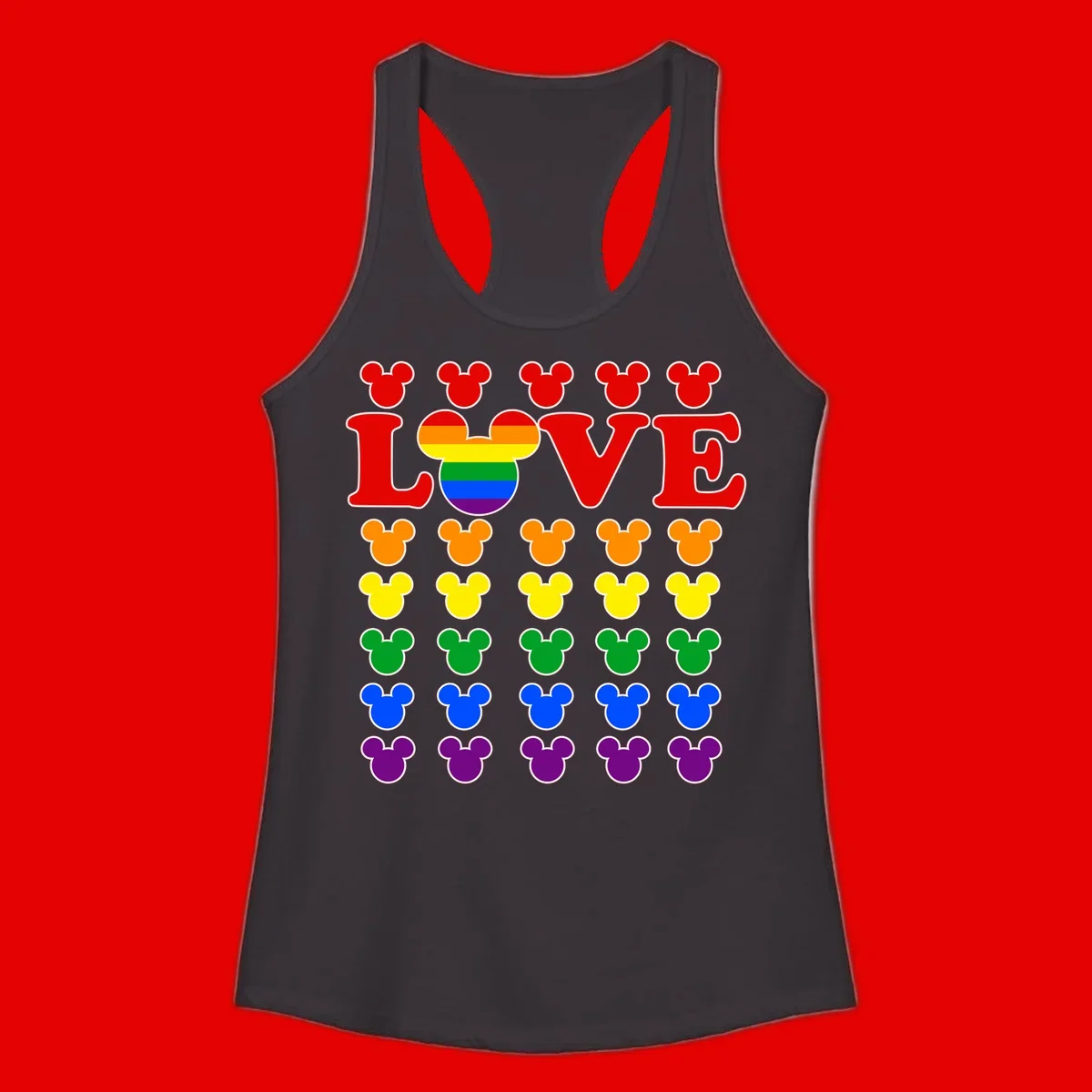 Mickey Love Pride design featuring bold red LOVE text with rainbow-striped Mickey head and colorful Mickey silhouettes border