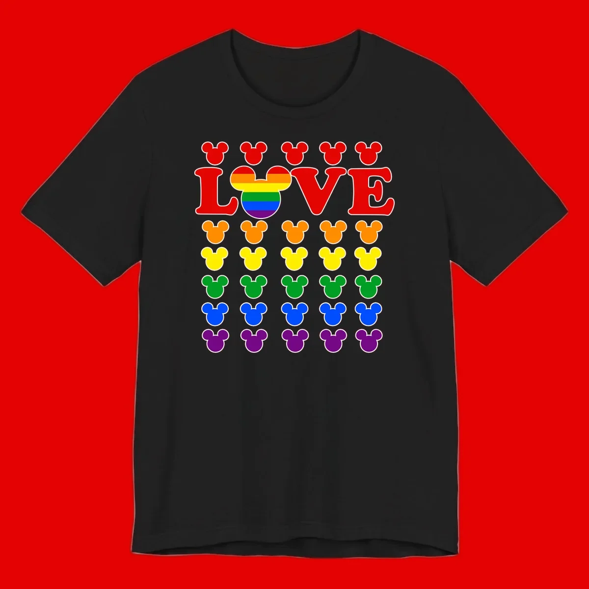 Mickey Love Pride design featuring bold red LOVE text with rainbow-striped Mickey head and colorful Mickey silhouettes border