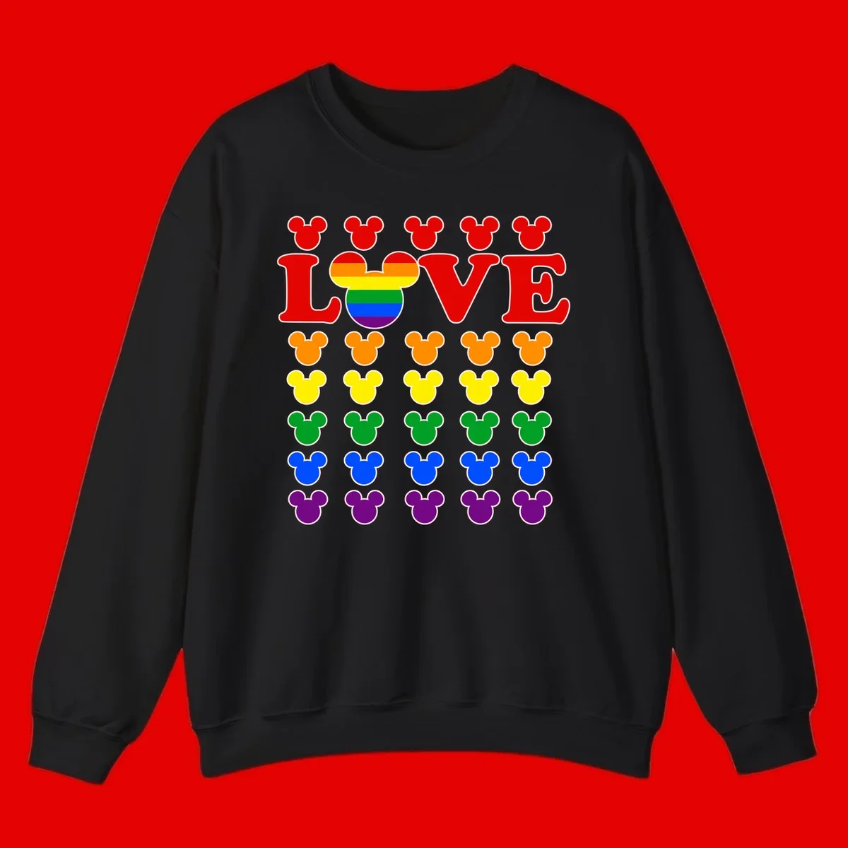 Mickey Love Pride design featuring bold red LOVE text with rainbow-striped Mickey head and colorful Mickey silhouettes border
