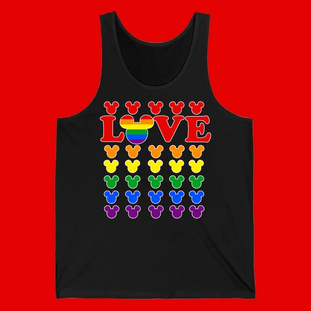 Mickey Love Pride design featuring bold red LOVE text with rainbow-striped Mickey head and colorful Mickey silhouettes border