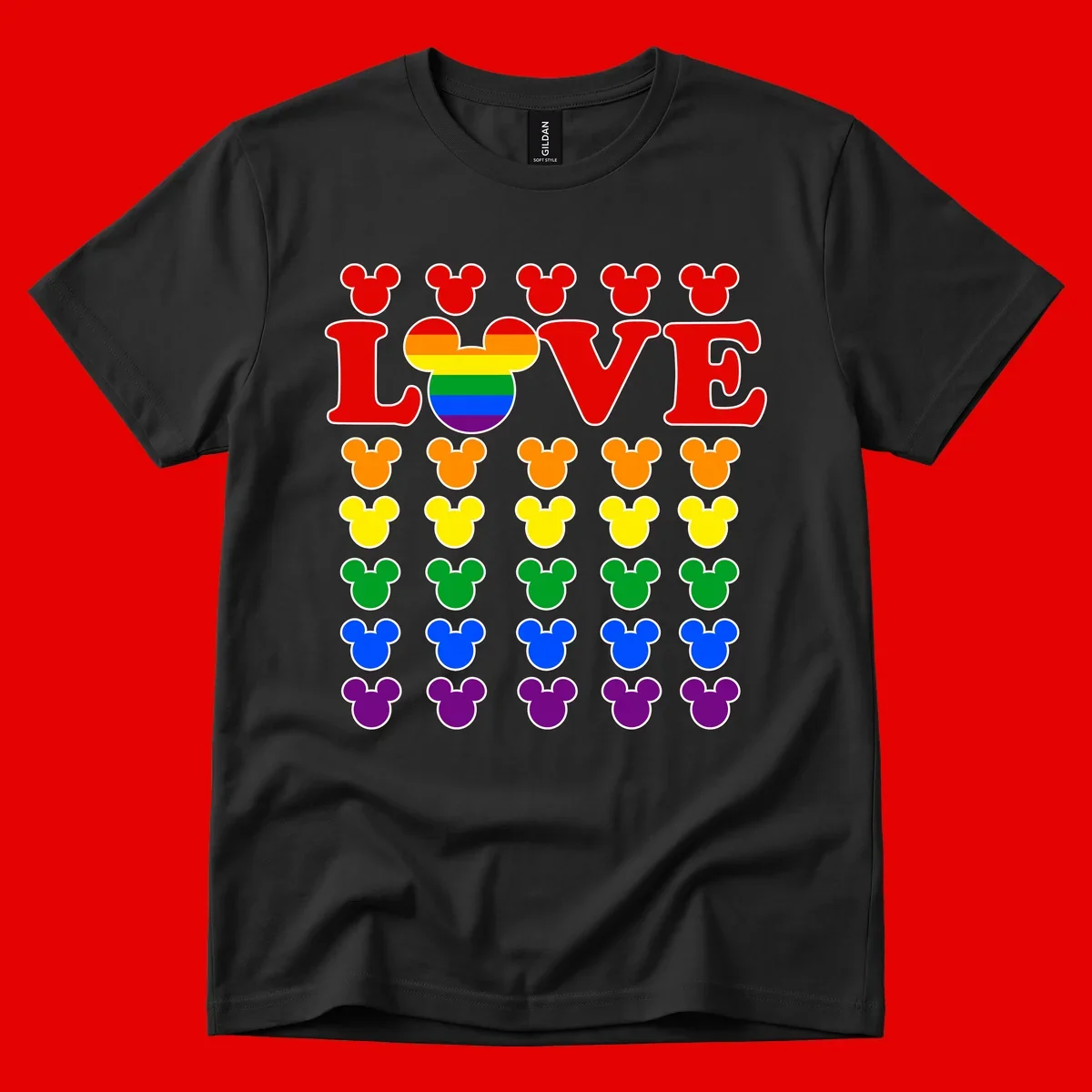 Mickey Love Pride design featuring bold red LOVE text with rainbow-striped Mickey head and colorful Mickey silhouettes border