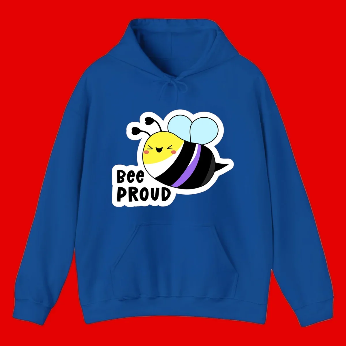 Cartoon bee with yellow head, purple-striped black body, and blue wings smiling happily with text 'BEE PROUD' below