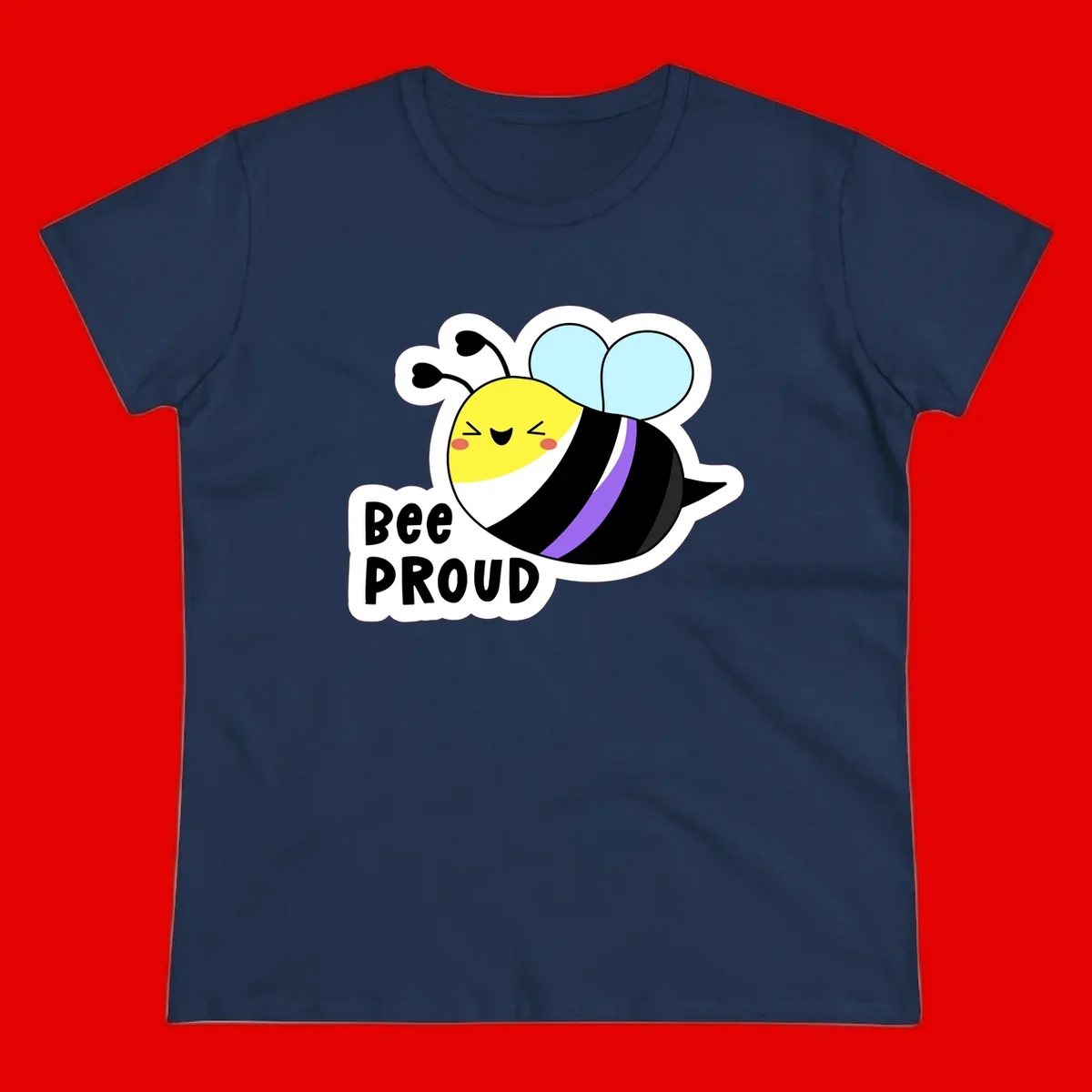 Cartoon bee with yellow head, purple-striped black body, and blue wings smiling happily with text 'BEE PROUD' below