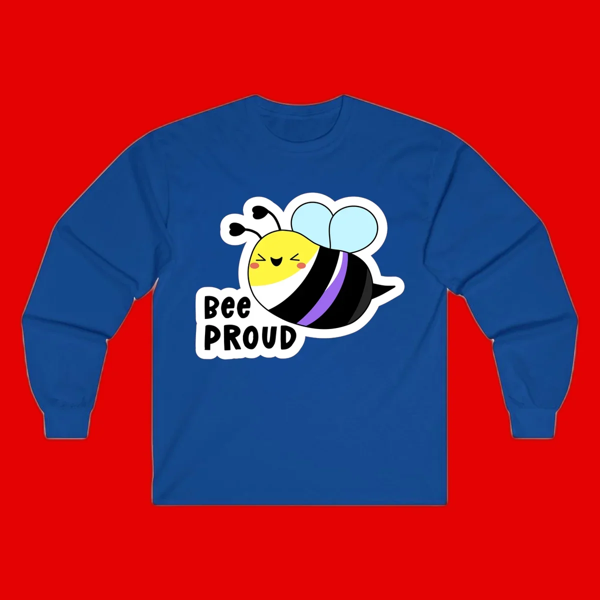 Cartoon bee with yellow head, purple-striped black body, and blue wings smiling happily with text 'BEE PROUD' below