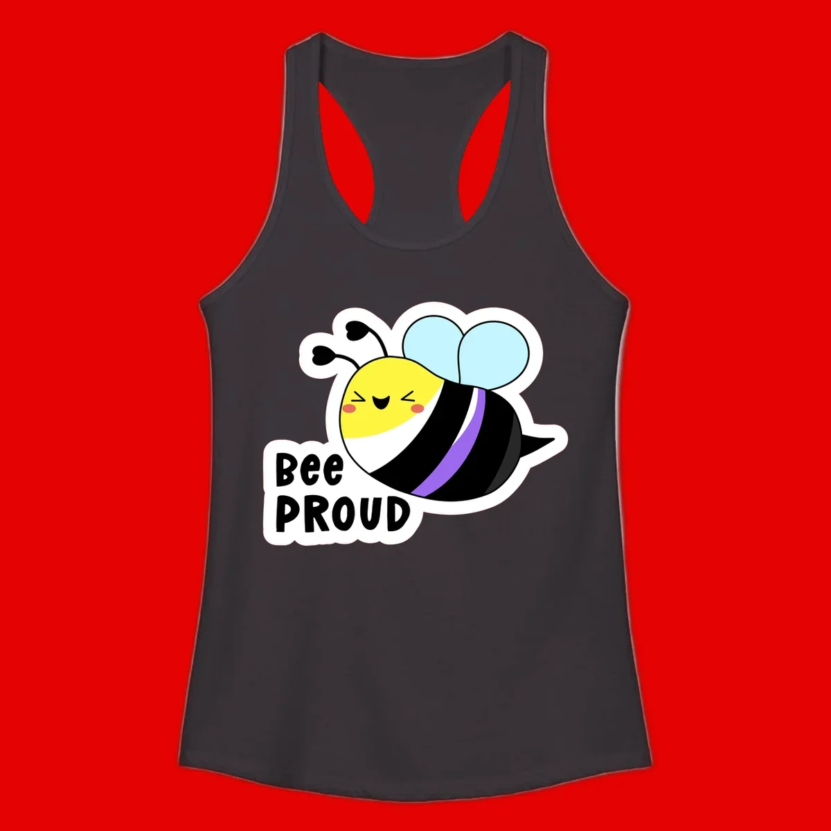 Cartoon bee with yellow head, purple-striped black body, and blue wings smiling happily with text 'BEE PROUD' below