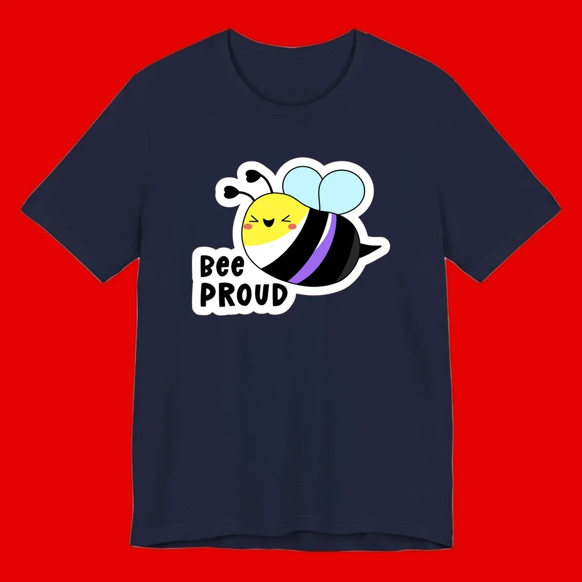 Cartoon bee with yellow head, purple-striped black body, and blue wings smiling happily with text 'BEE PROUD' below