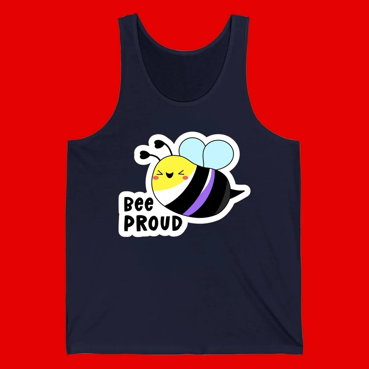 Cartoon bee with yellow head, purple-striped black body, and blue wings smiling happily with text 'BEE PROUD' below