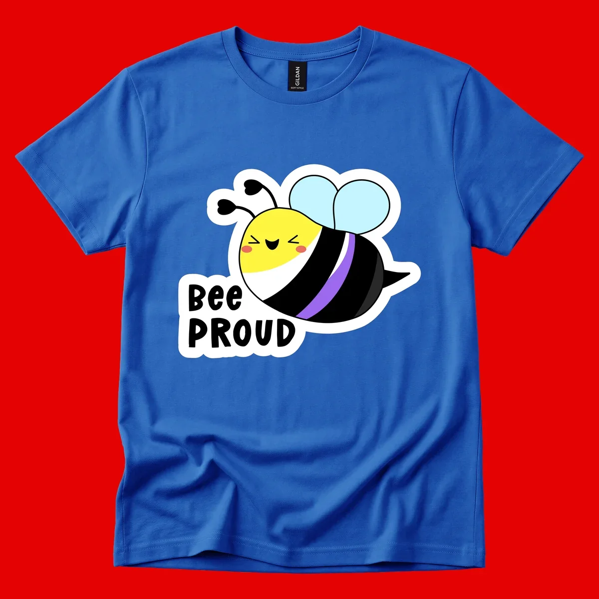 Cartoon bee with yellow head, purple-striped black body, and blue wings smiling happily with text 'BEE PROUD' below