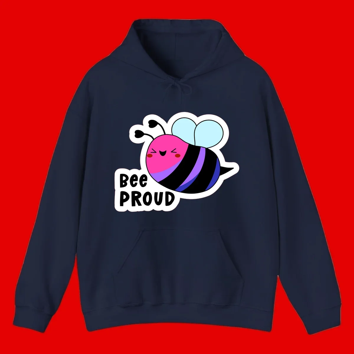 Colorful cartoon bee with pink head, rainbow-striped body, light blue wings, smiling face, and 'BEE PROUD' text